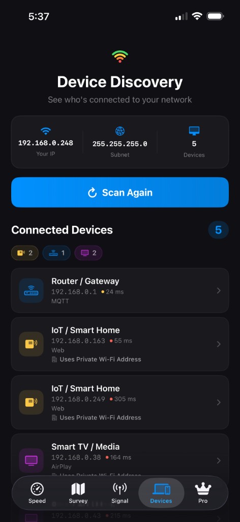 WiFi Buddy Devices tab listing 5 connected devices including a router, IoT lights, and a Smart TV