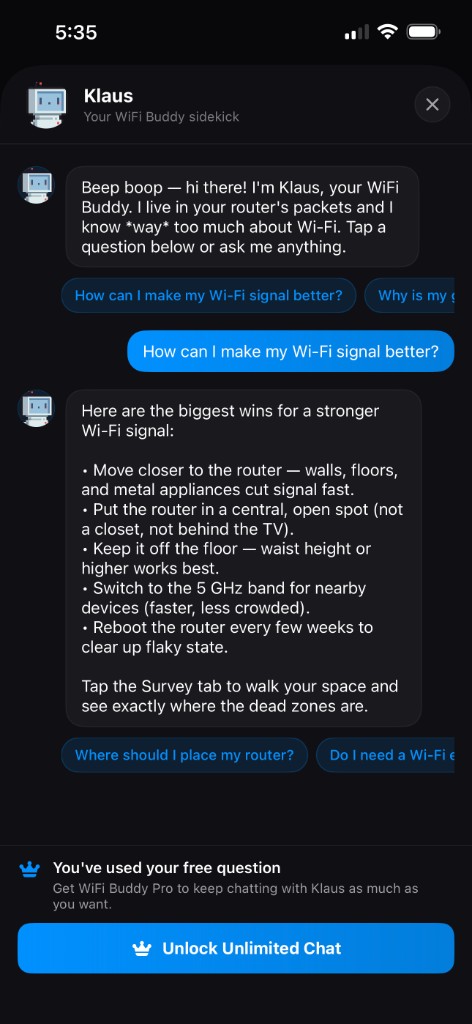 Screenshot of the Klaus chat sheet inside WiFi Buddy showing a user question 'How can I make my Wi-Fi signal better?' with Klaus's bullet-point answer about router placement, 5 GHz, and reboots