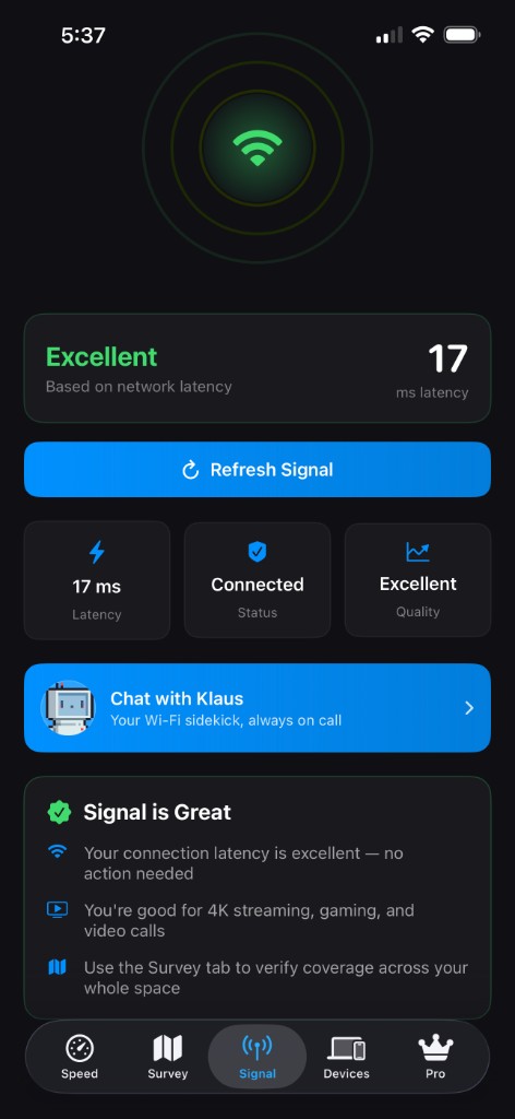 WiFi Buddy Signal tab showing an excellent rating with 17 ms latency