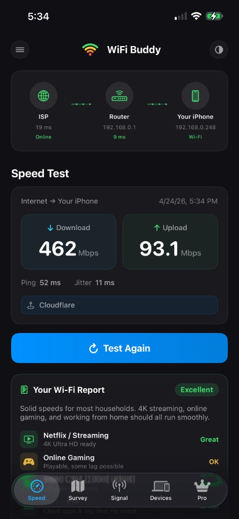 WiFi Buddy Speed tab showing live ISP → Router → Device topology and a 462 Mbps download / 93.1 Mbps upload result