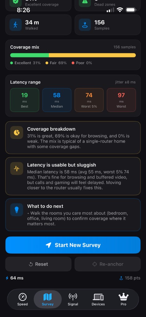WiFi Buddy survey insights screen showing a 'D' grade for weak coverage with 31% excellent / 69% fair, latency range, coverage breakdown, and a 'What to do next' card