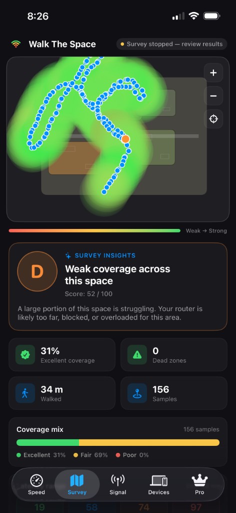 WiFi Buddy AR survey heatmap painting a green walked path onto a floor plan